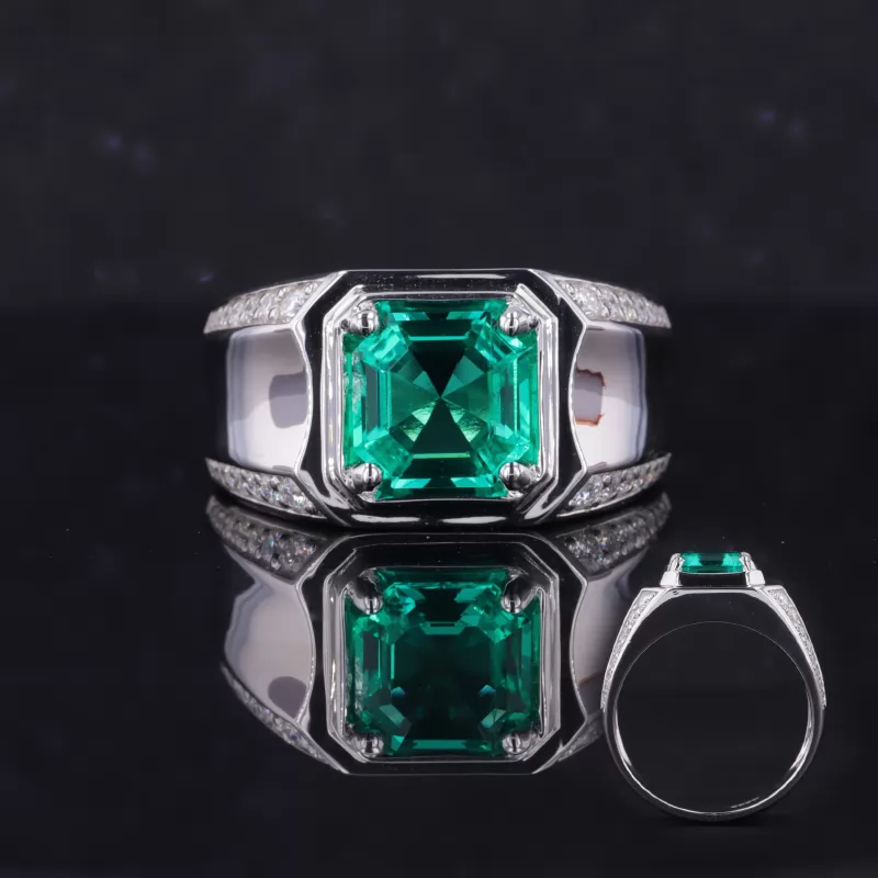 8×8mm Asscher Cut Lab Grown Emerald S925 Sterling Silver Pave Engagement Men Ring