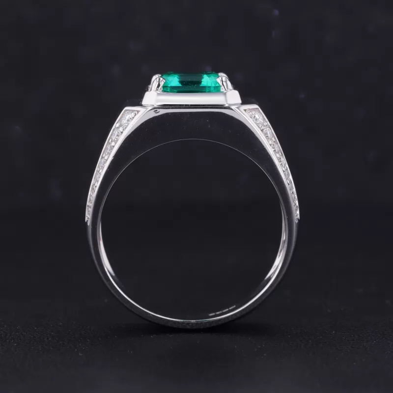 8×8mm Asscher Cut Lab Grown Emerald S925 Sterling Silver Pave Engagement Men Ring