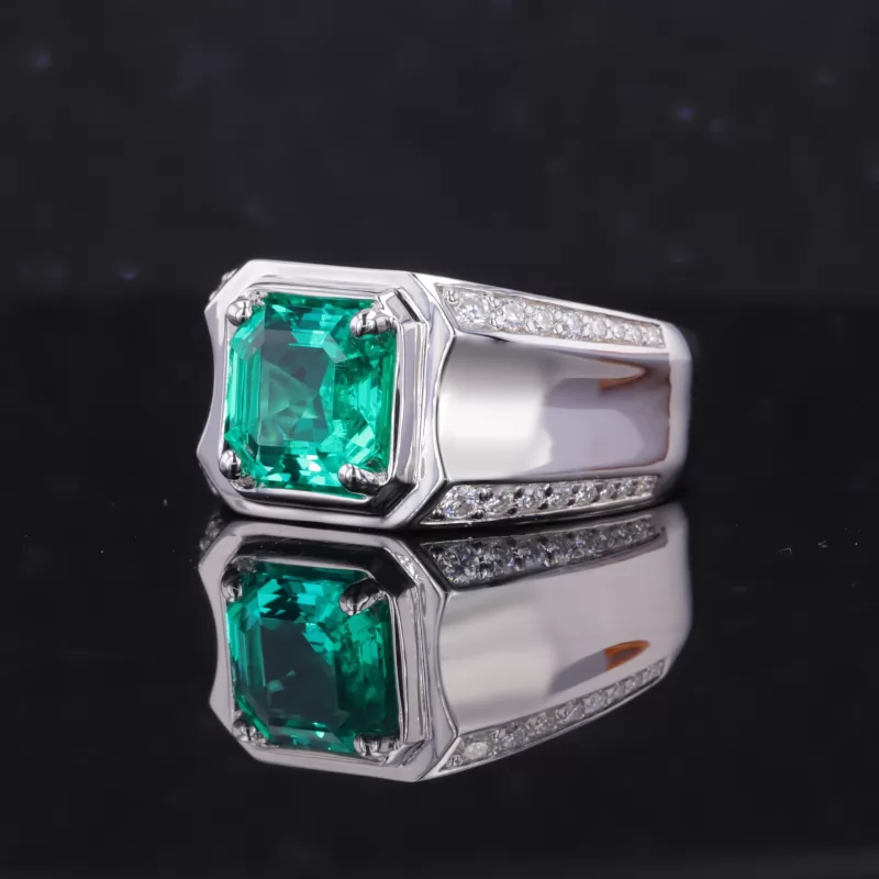 8×8mm Asscher Cut Lab Grown Emerald S925 Sterling Silver Pave Engagement Men Ring