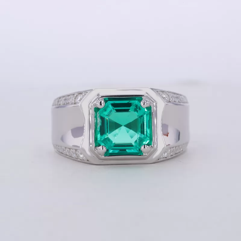 8×8mm Asscher Cut Lab Grown Emerald S925 Sterling Silver Pave Engagement Men Ring