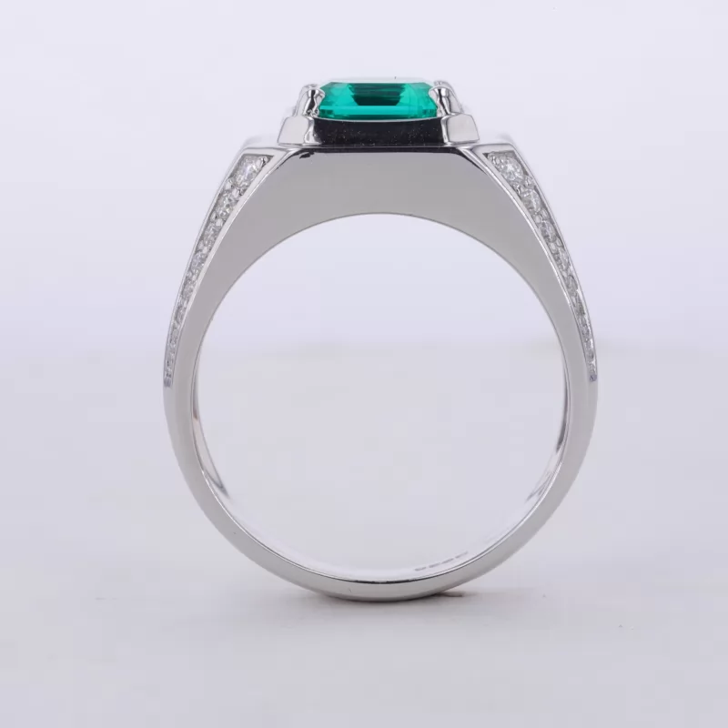 8×8mm Asscher Cut Lab Grown Emerald S925 Sterling Silver Pave Engagement Men Ring