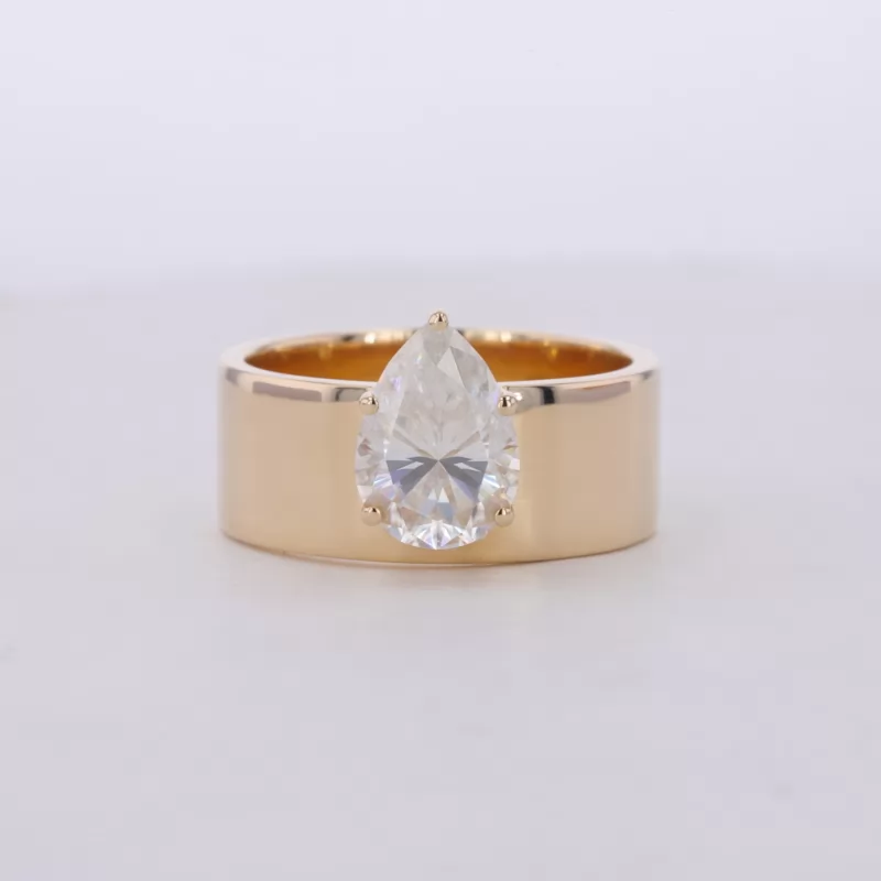 7×10mm Pear Cut Moissanite 14K Yellow Gold Wide Band Style Solitaire Engagement Ring