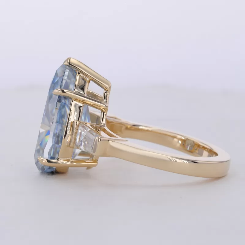 11×16.2mm Pear Cut Blue Moissanite 14K Yellow Gold Three Stone Engagement Ring