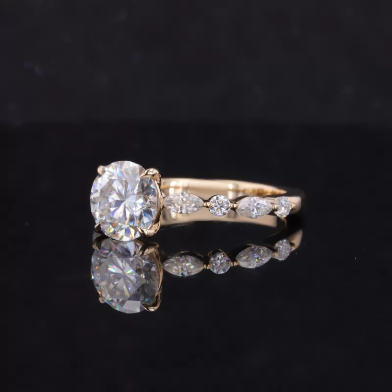 7.5mm Round Brilliant Cut Moissanite 14K Yellow Gold Pave Engagement Ring