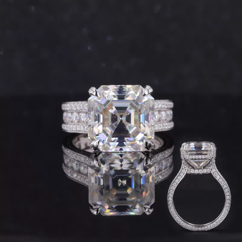 12×12mm Asscher Cut Moissanite 14K White Gold Pave Engagement Ring