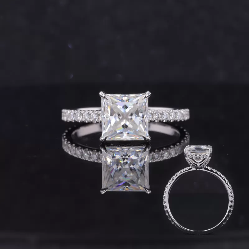 8×8mm Princess Cut Moissanite 14K White Gold Pave Engagement Ring