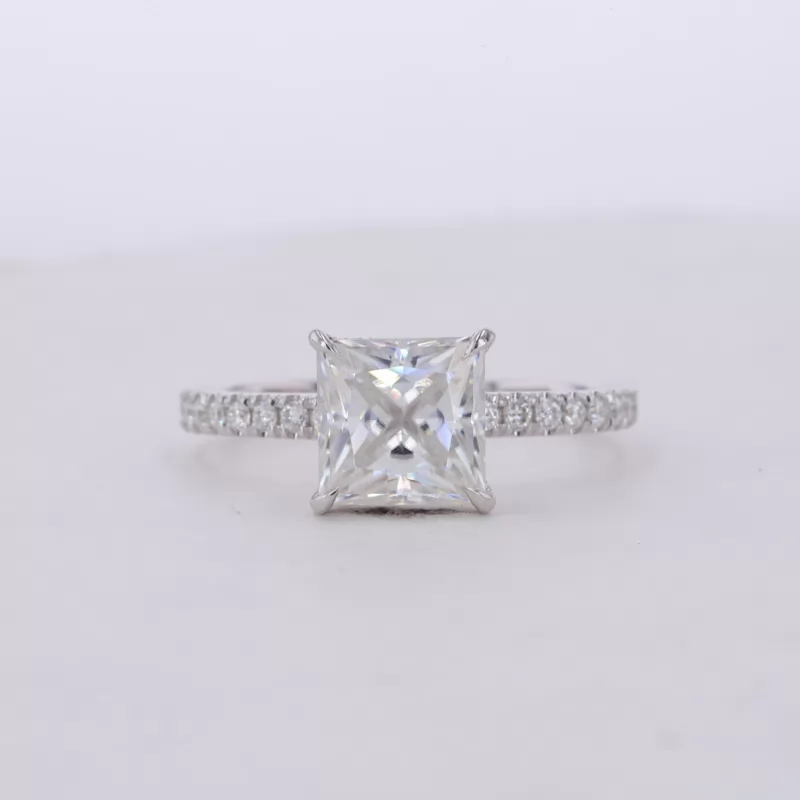 8×8mm Princess Cut Moissanite 14K White Gold Pave Engagement Ring