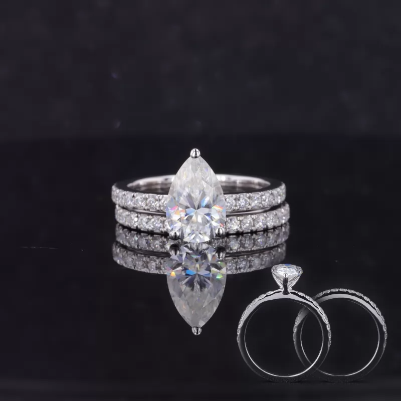 6×9mm Pear Cut Moissanite 14K White Gold Pave Engagement Ring Set