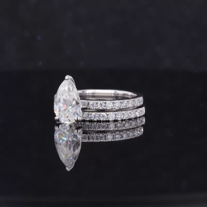 6×9mm Pear Cut Moissanite 14K White Gold Pave Engagement Ring Set