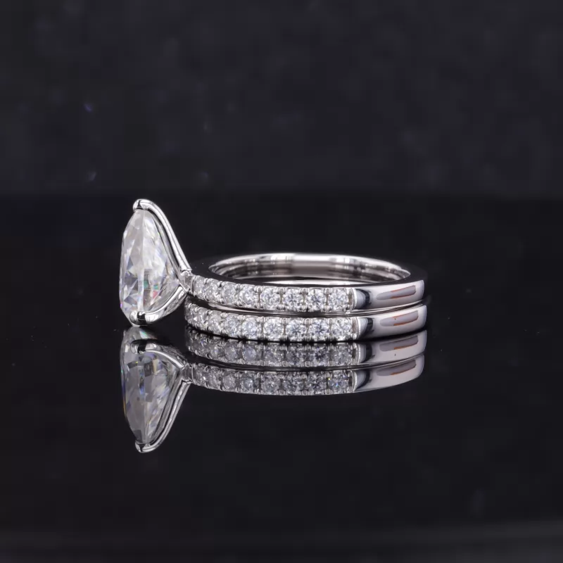 6×9mm Pear Cut Moissanite 14K White Gold Pave Engagement Ring Set