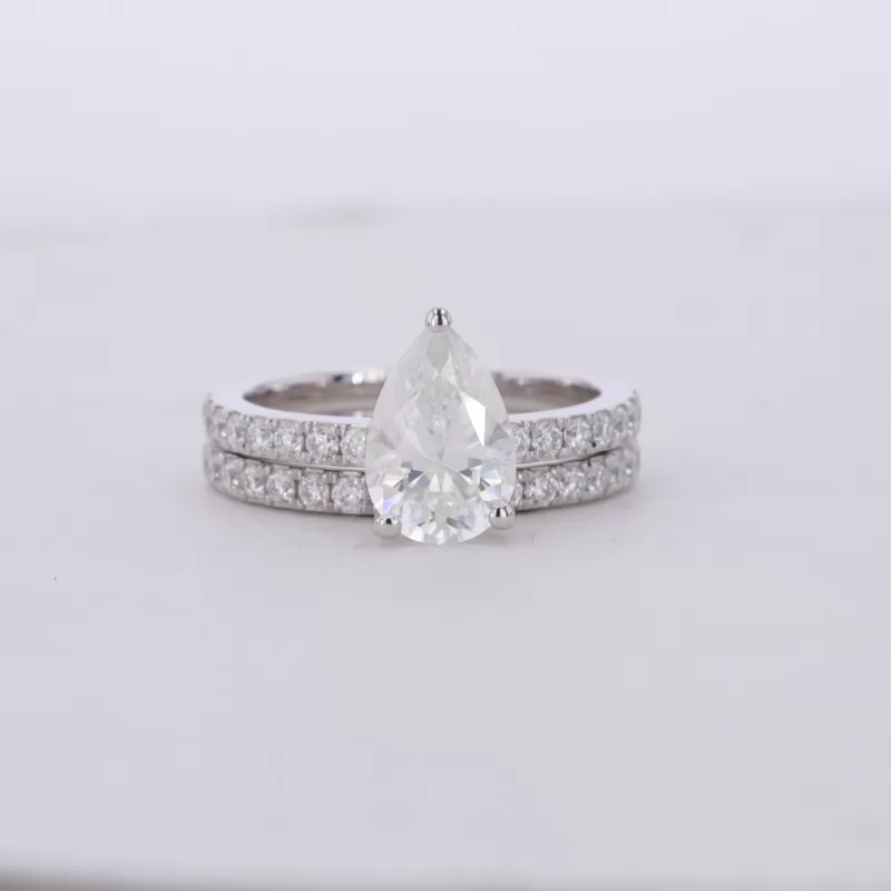 6×9mm Pear Cut Moissanite 14K White Gold Pave Engagement Ring Set