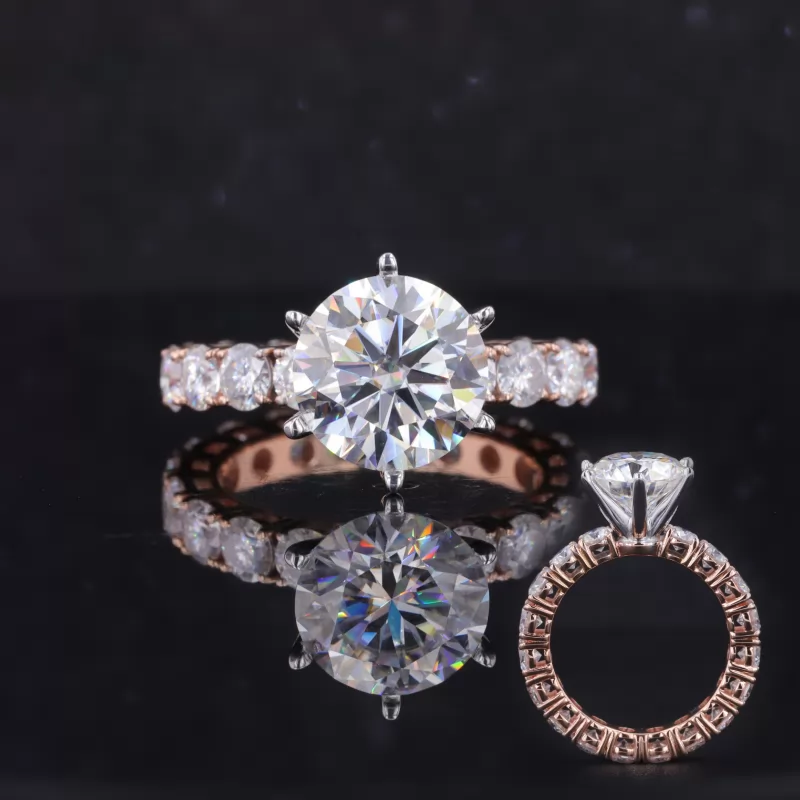 10mm Round Brilliant Cut Moissanite 10K Rose Gold With Big Side Stones Pave Engagement Ring