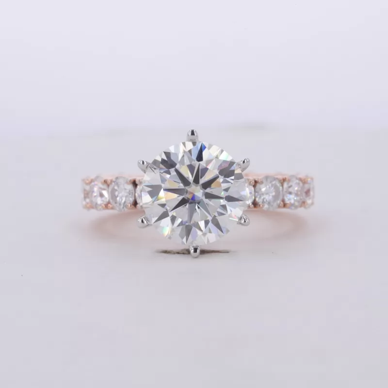 10mm Round Brilliant Cut Moissanite 10K Rose Gold With Big Side Stones Pave Engagement Ring