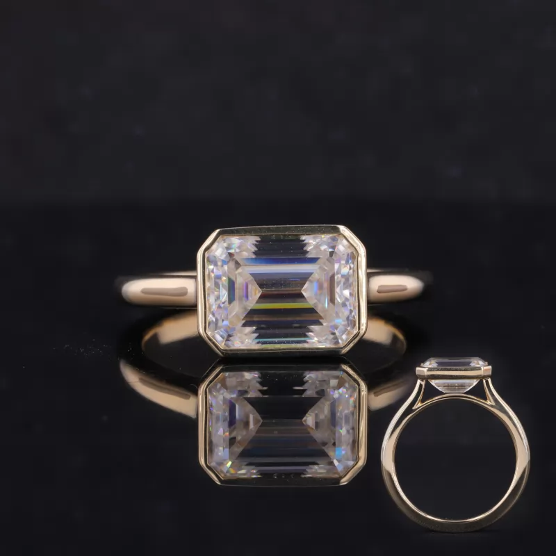 7.5×10mm Octagon Emerald Cut Moissanite Bezel Set 10K Yellow Gold Solitaire Engagement Ring