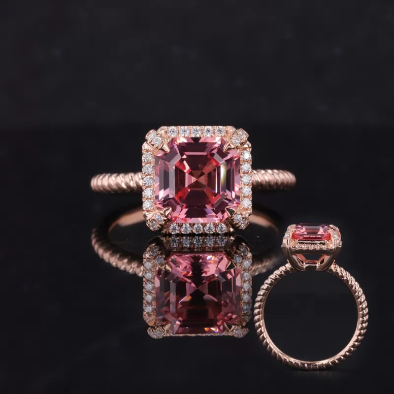 8×8mm Asscher Cut Lab Grown Padparadscha Pink Sapphire 14K Rose Gold Halo Engagement Ring