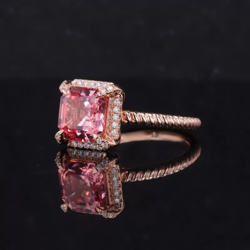 8×8mm Asscher Cut Lab Grown Padparadscha Pink Sapphire 14K Rose Gold Halo Engagement Ring