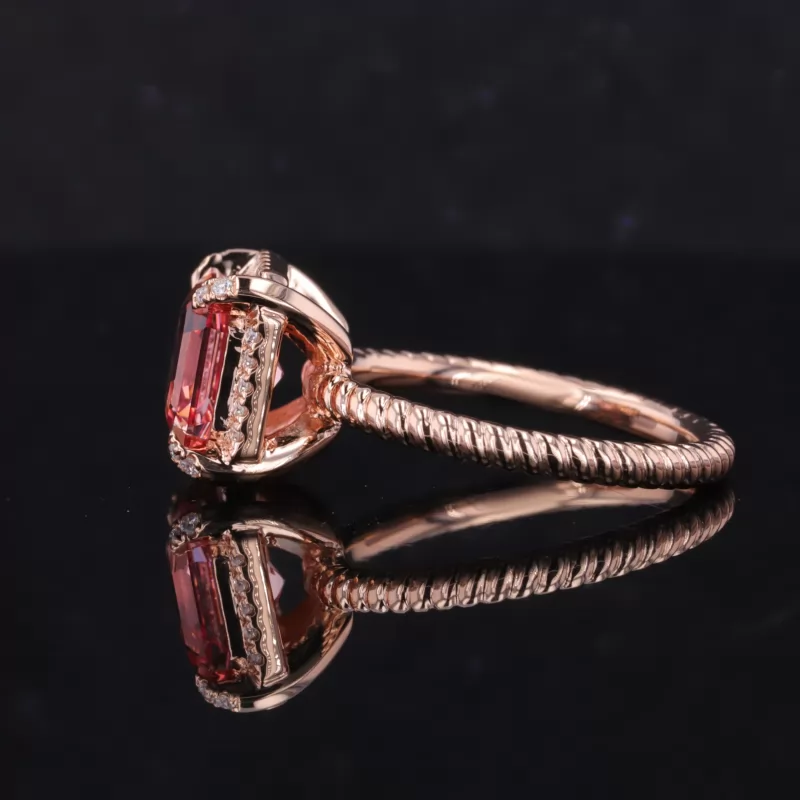 8×8mm Asscher Cut Lab Grown Padparadscha Pink Sapphire 14K Rose Gold Halo Engagement Ring