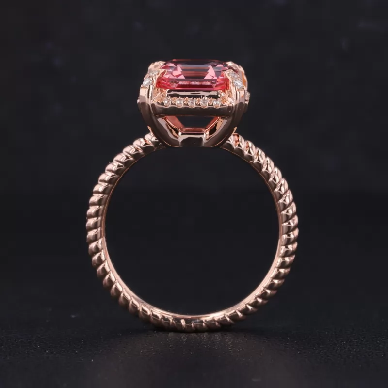 8×8mm Asscher Cut Lab Grown Padparadscha Pink Sapphire 14K Rose Gold Halo Engagement Ring