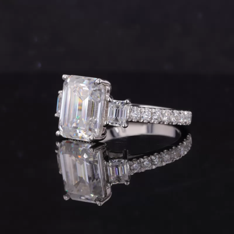 8×10mm Octagon Emerald Cut Moissanite S925 Sterling Silver Three Stone Engagement Ring