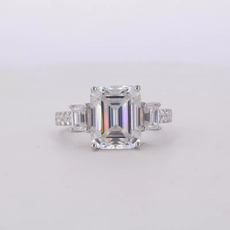 8×10mm Octagon Emerald Cut Moissanite S925 Sterling Silver Three Stone Engagement Ring