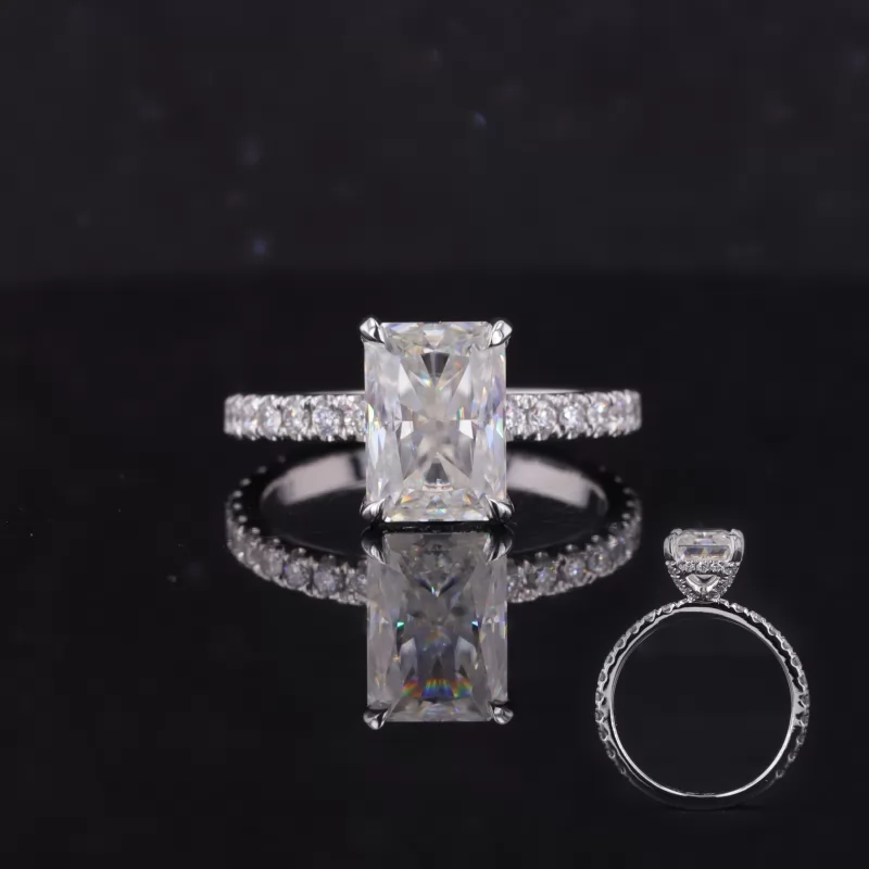 6×8.5mm Radiant Cut Moissanite 18K White Gold Pave Engagement Ring