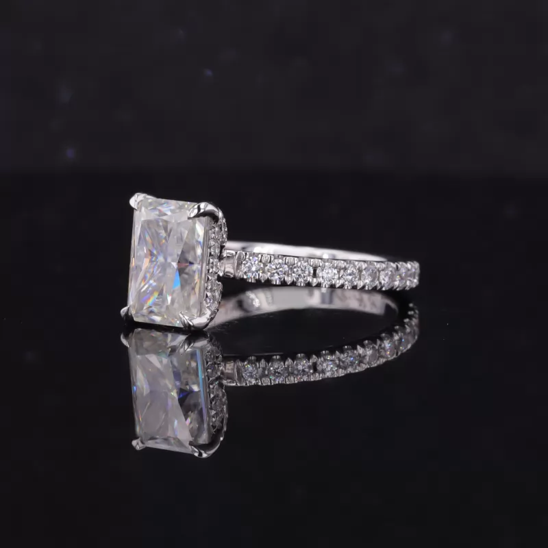 6×8.5mm Radiant Cut Moissanite 18K White Gold Pave Engagement Ring