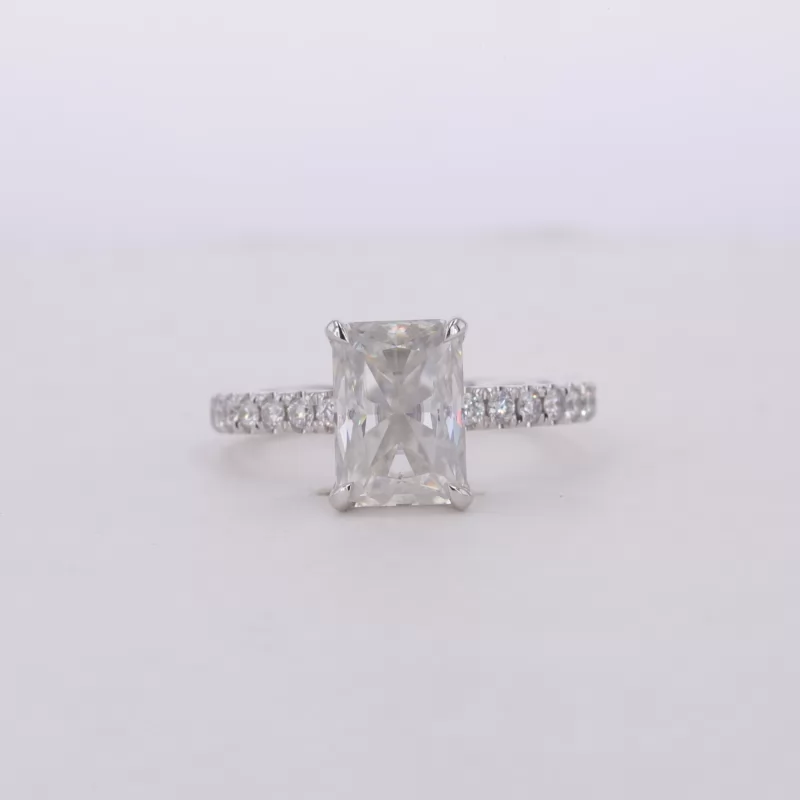 6×8.5mm Radiant Cut Moissanite 18K White Gold Pave Engagement Ring