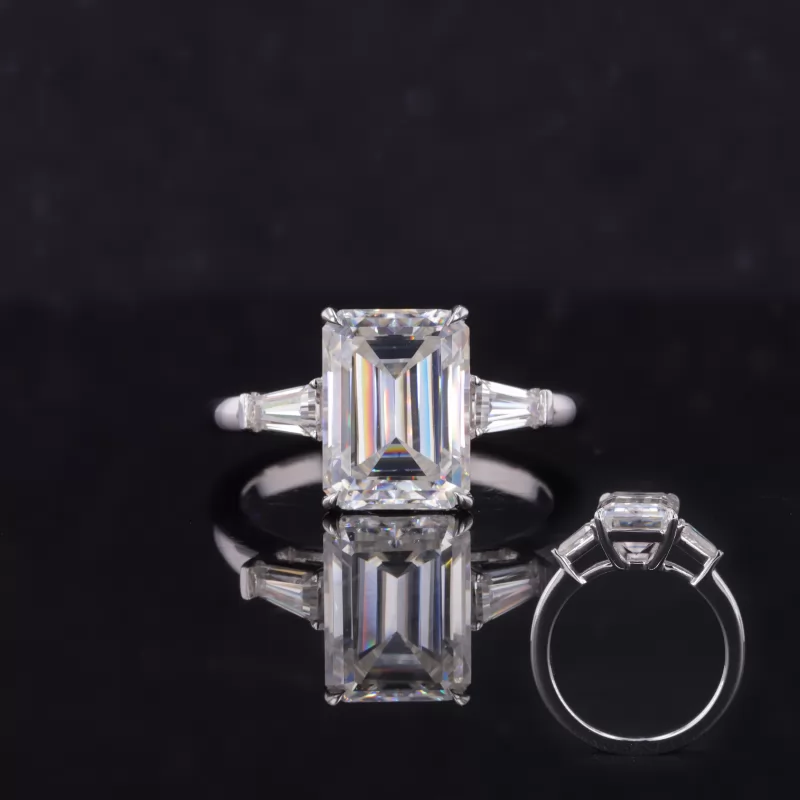 7×9.5mm Octagon Emerald Cut Moissanite 14K White Gold Three Stone Engagement Ring