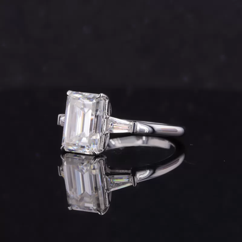 7×9.5mm Octagon Emerald Cut Moissanite 14K White Gold Three Stone Engagement Ring