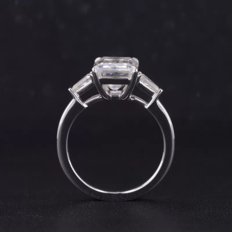 7×9.5mm Octagon Emerald Cut Moissanite 14K White Gold Three Stone Engagement Ring