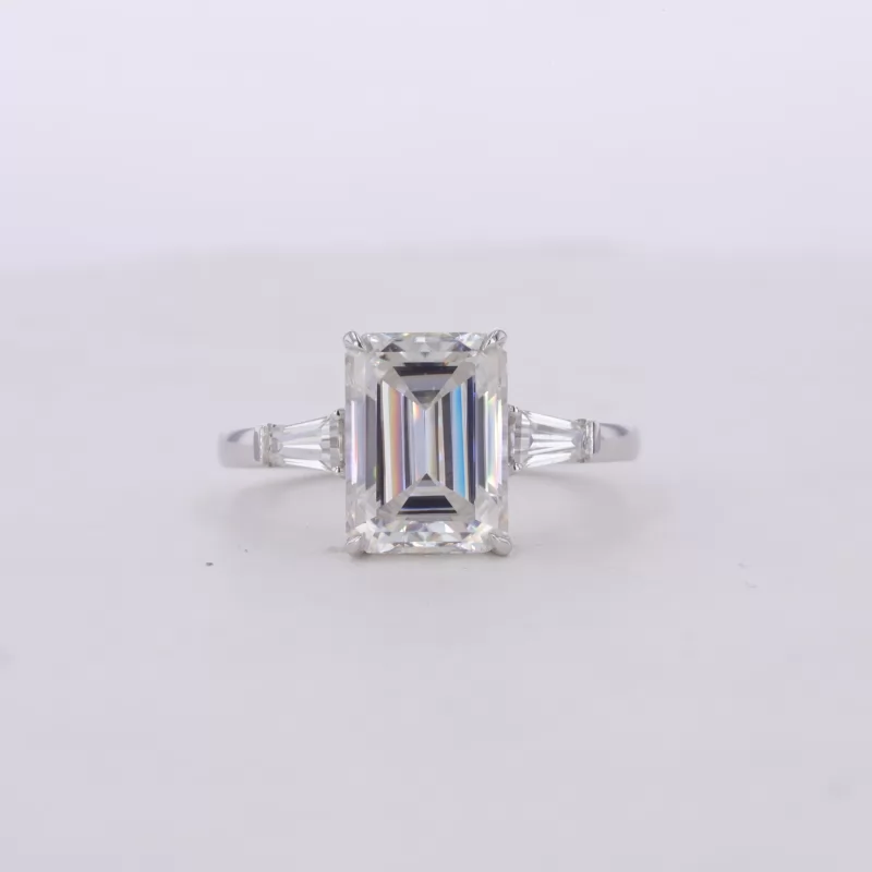 7×9.5mm Octagon Emerald Cut Moissanite 14K White Gold Three Stone Engagement Ring