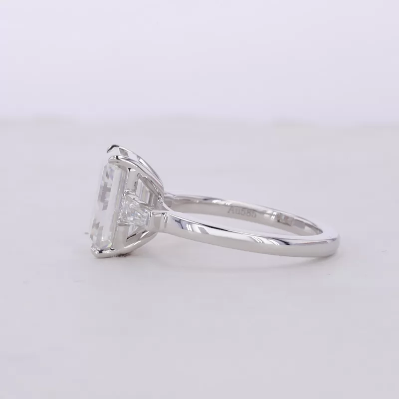 7×9.5mm Octagon Emerald Cut Moissanite 14K White Gold Three Stone Engagement Ring