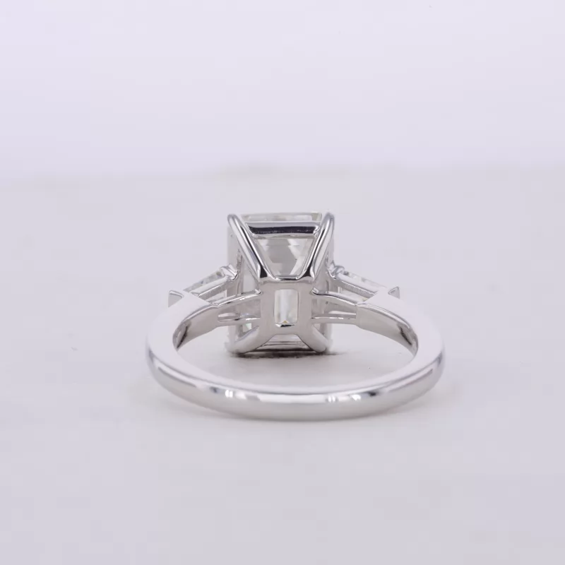 7×9.5mm Octagon Emerald Cut Moissanite 14K White Gold Three Stone Engagement Ring