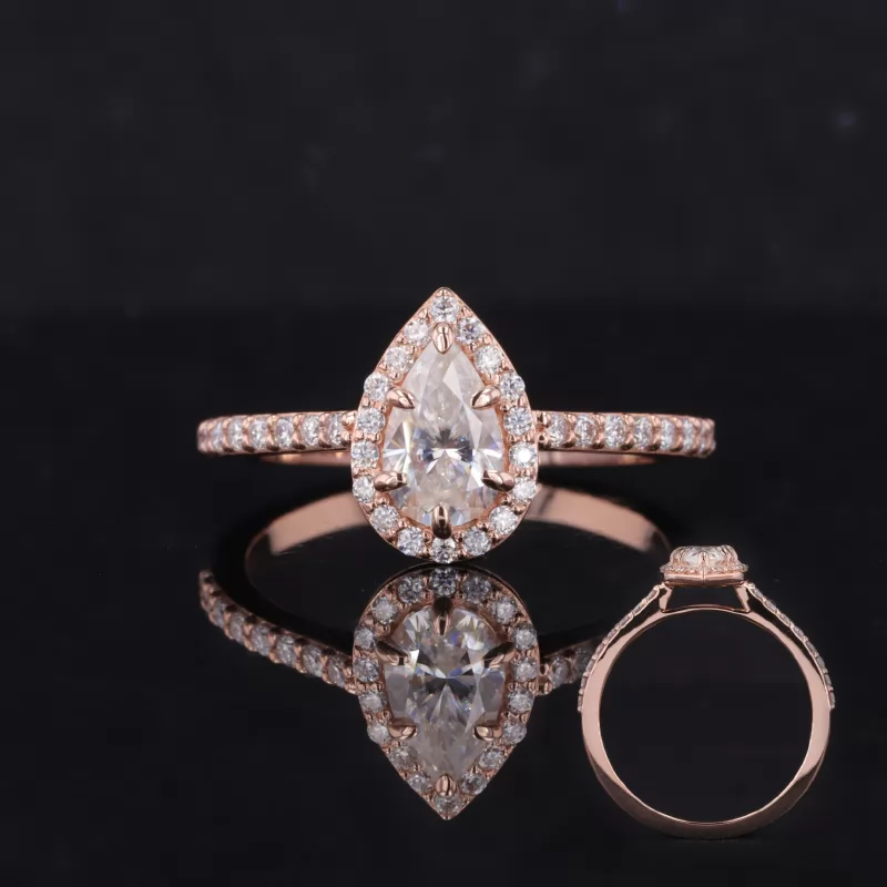 5×8mm Pear Cut Moissanite 14K Rose Gold Halo Engagement Ring