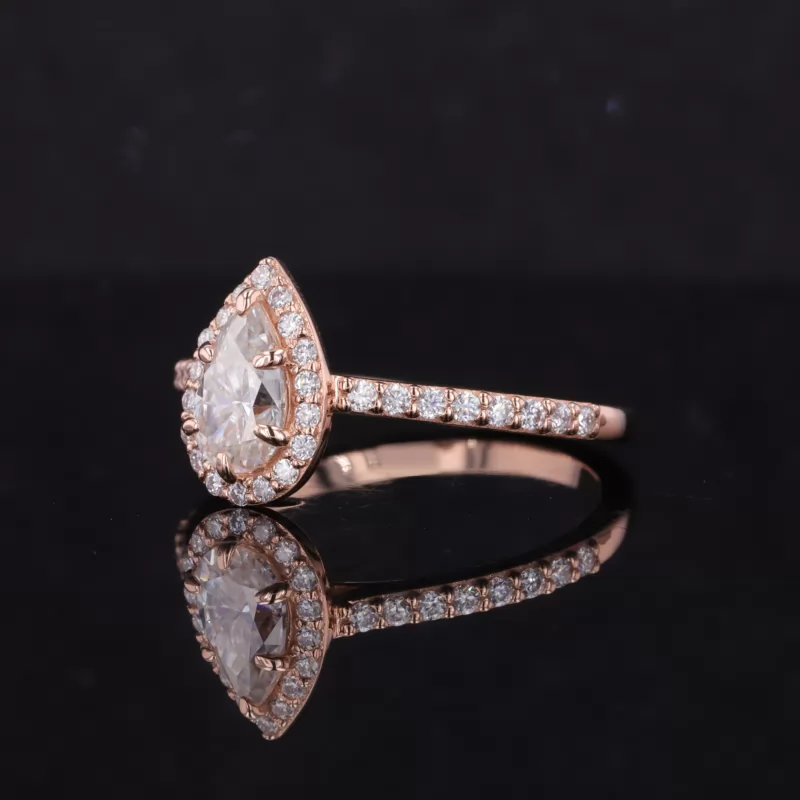 5×8mm Pear Cut Moissanite 14K Rose Gold Halo Engagement Ring