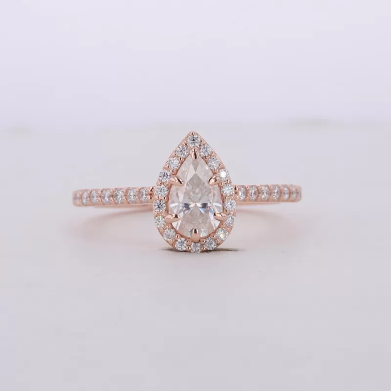 5×8mm Pear Cut Moissanite 14K Rose Gold Halo Engagement Ring