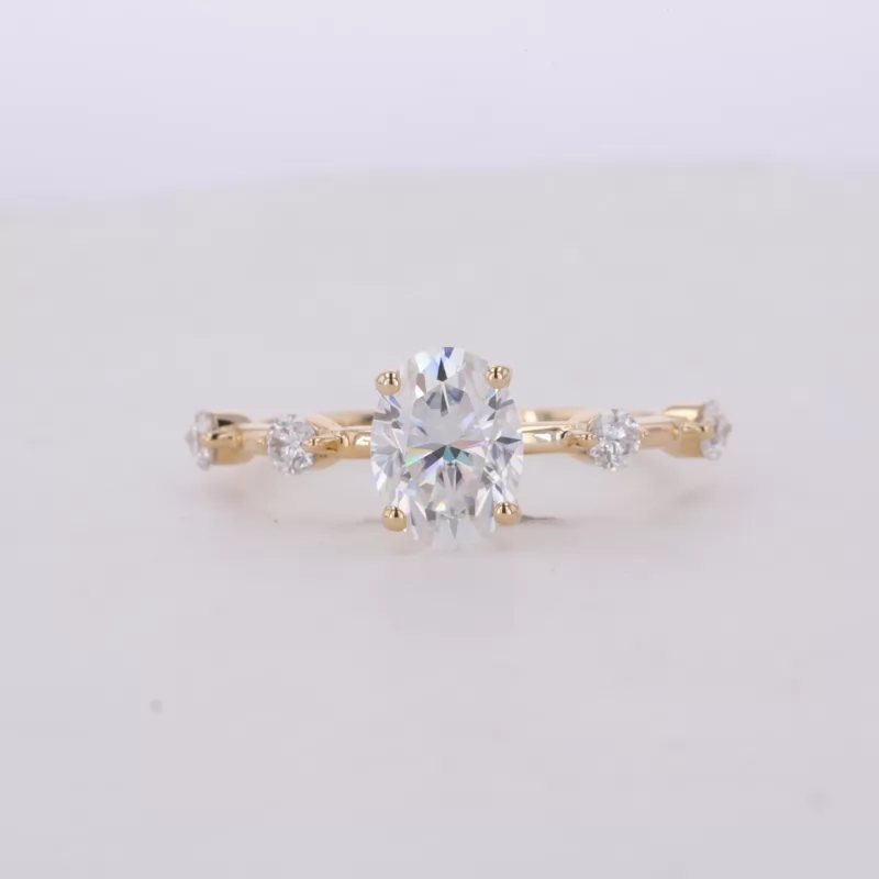 6×8mm Oval Cut Moissanite 14K Yellow Gold Pave Engagement Ring