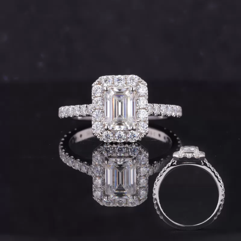 5×7mm Octagon Emerald Cut Moissanite 14K White Gold Halo Engagement Ring