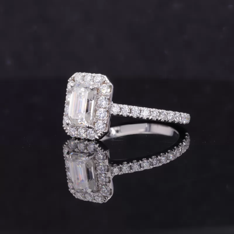 5×7mm Octagon Emerald Cut Moissanite 14K White Gold Halo Engagement Ring