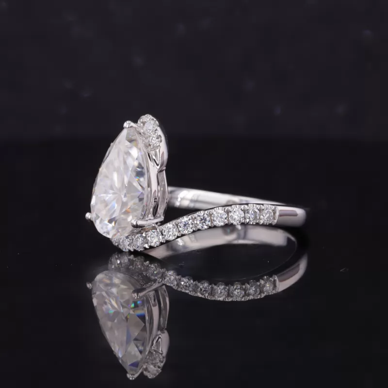 7×10mm Pear Cut Moissanite 10K White Gold Pave Engagement Ring