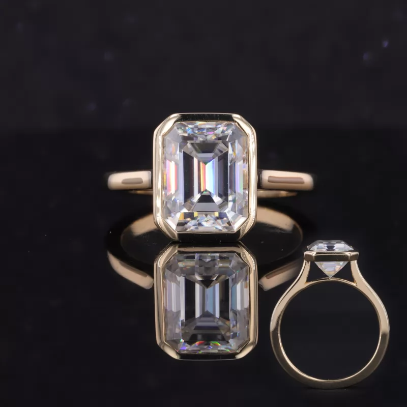 8×10mm Octagon Emerald Cut Moissanite Bezel Set 10K Yellow Gold Solitaire Engagement Ring