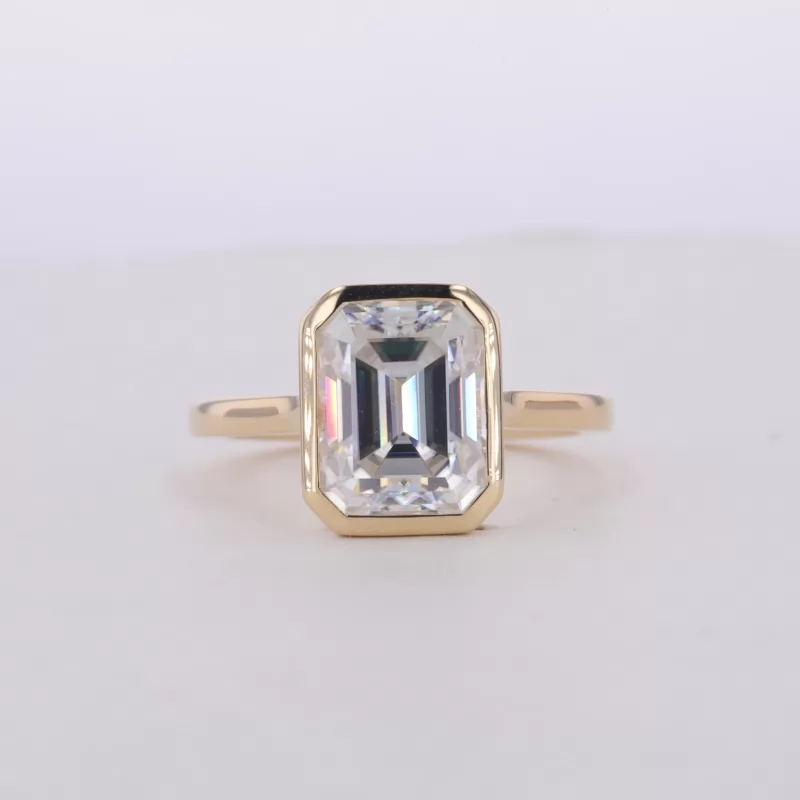 8×10mm Octagon Emerald Cut Moissanite Bezel Set 10K Yellow Gold Solitaire Engagement Ring