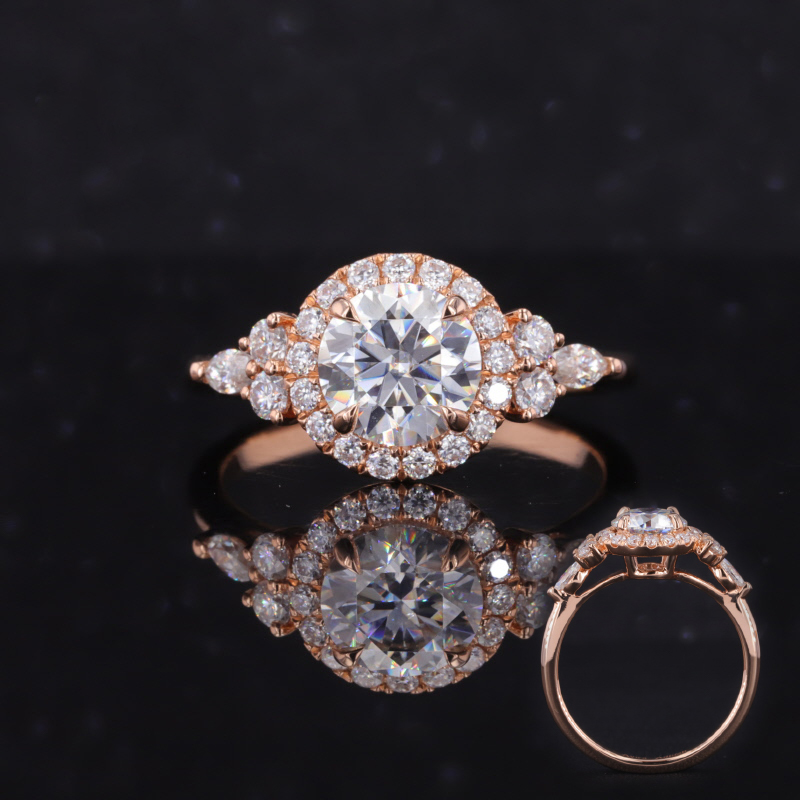7.5mm Round Brilliant Cut Moissanite 18K Rose Gold Halo Engagement Ring