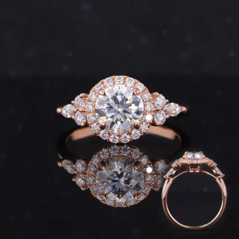 7.5mm Round Brilliant Cut Moissanite 18K Rose Gold Halo Engagement Ring