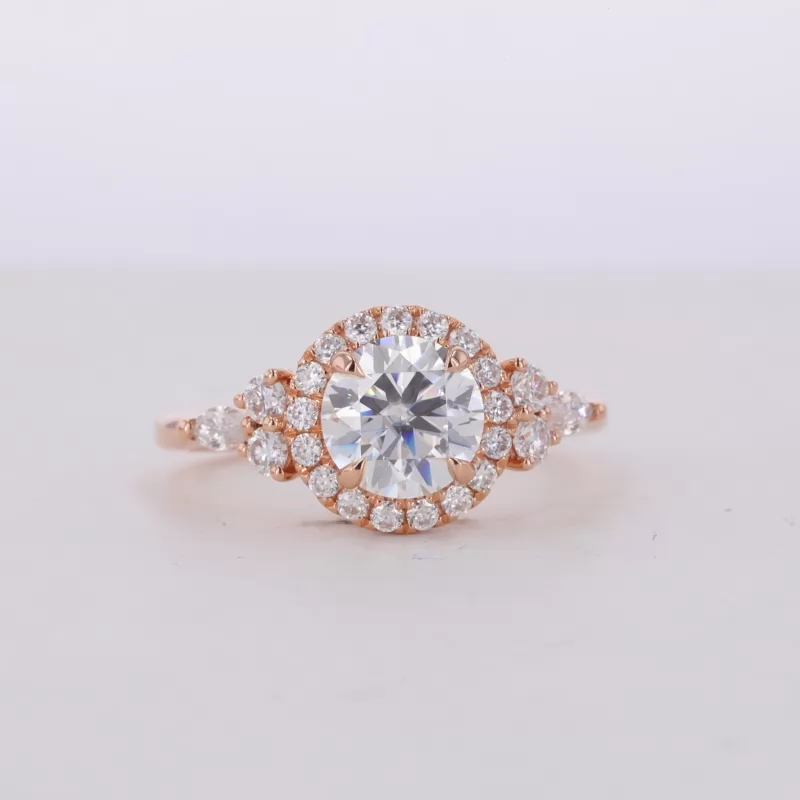 7.5mm Round Brilliant Cut Moissanite 18K Rose Gold Halo Engagement Ring