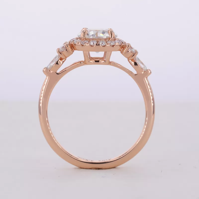 7.5mm Round Brilliant Cut Moissanite 18K Rose Gold Halo Engagement Ring