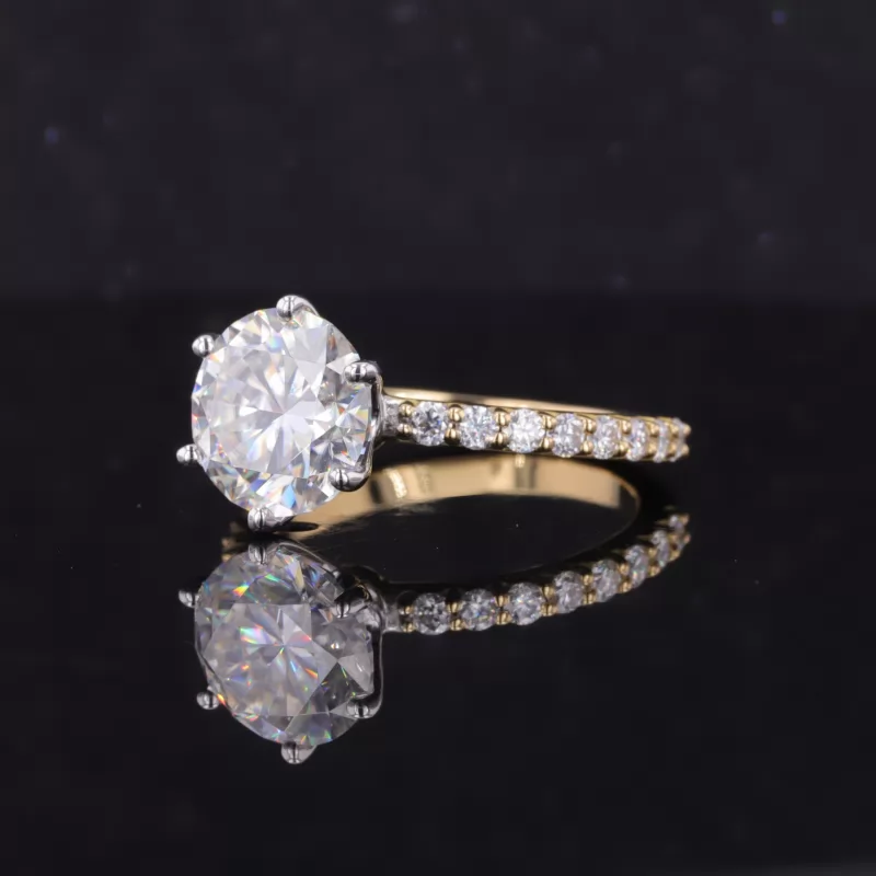 9.5mm Round Brilliant Cut Moissanite 18K Yellow Gold Pave Engagement Ring