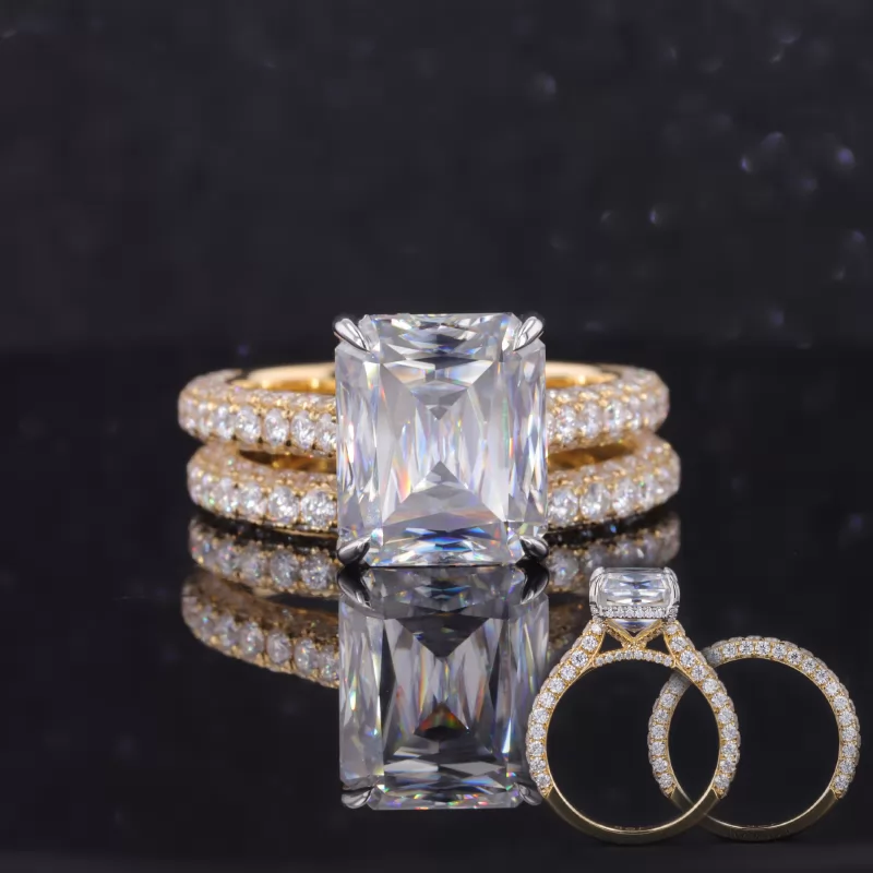 10×12mm Octagon Emerald Cut Moissanite 18K Gold Pave Engagement Ring Set