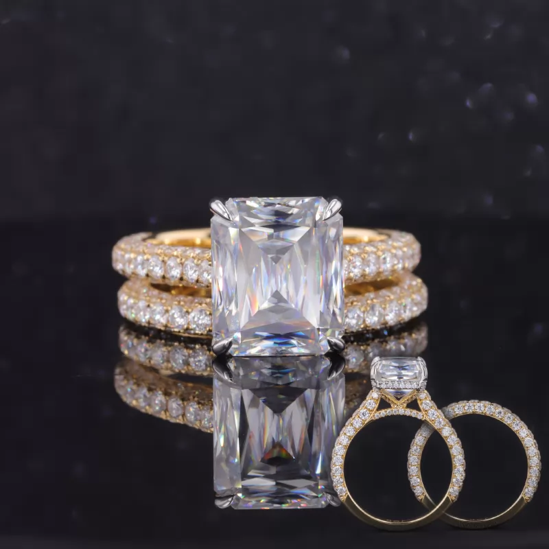 10×12mm Octagon Emerald Cut Moissanite 18K Yellow Gold Pave Engagement Ring Set