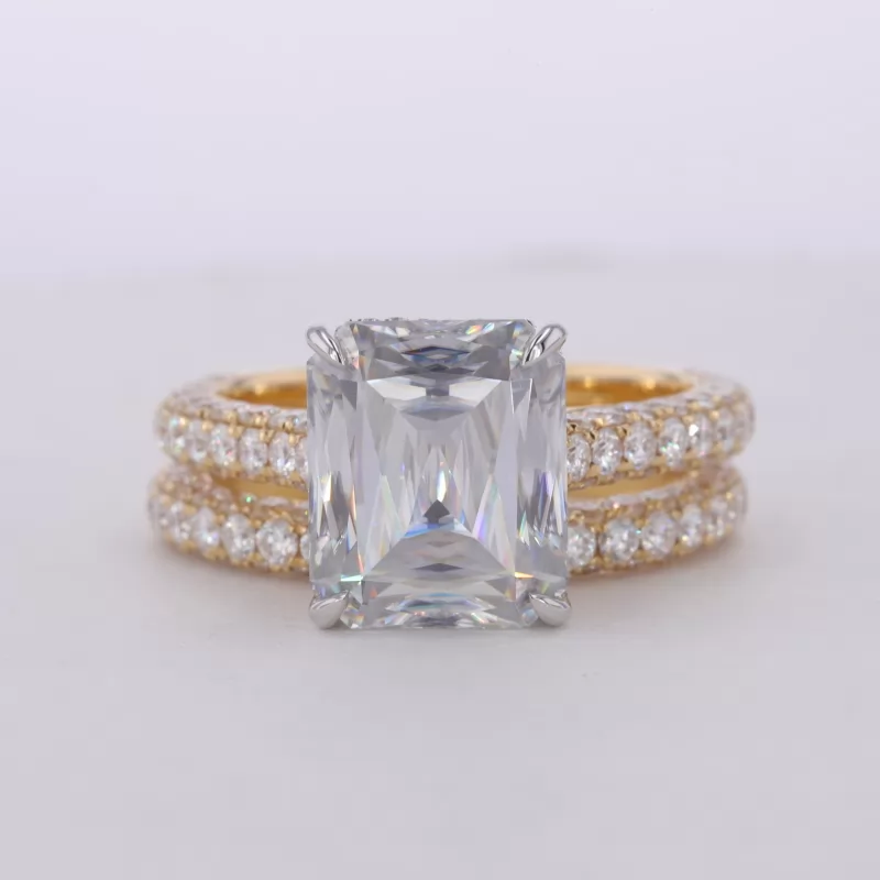 10×12mm Octagon Emerald Cut Moissanite 18K Yellow Gold Pave Engagement Ring Set